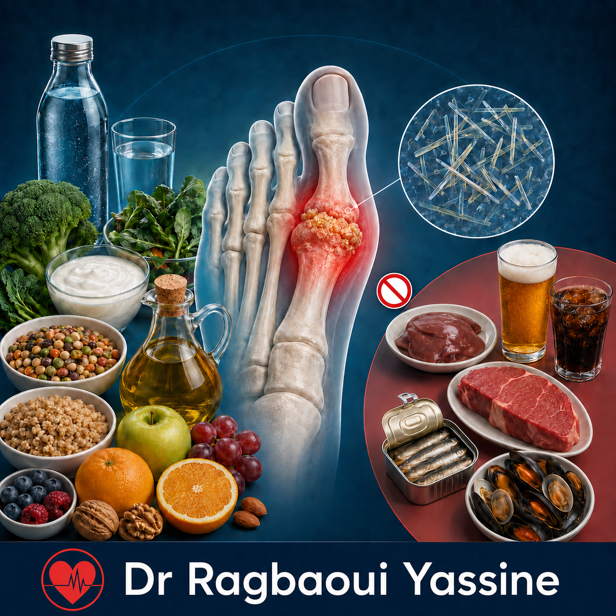 Goutte et alimentation : aliments conseillés et à éviter pour réduire l'acide urique — Dr Ragbaoui Yassine, cardiologue Bouskoura – Ville Verte