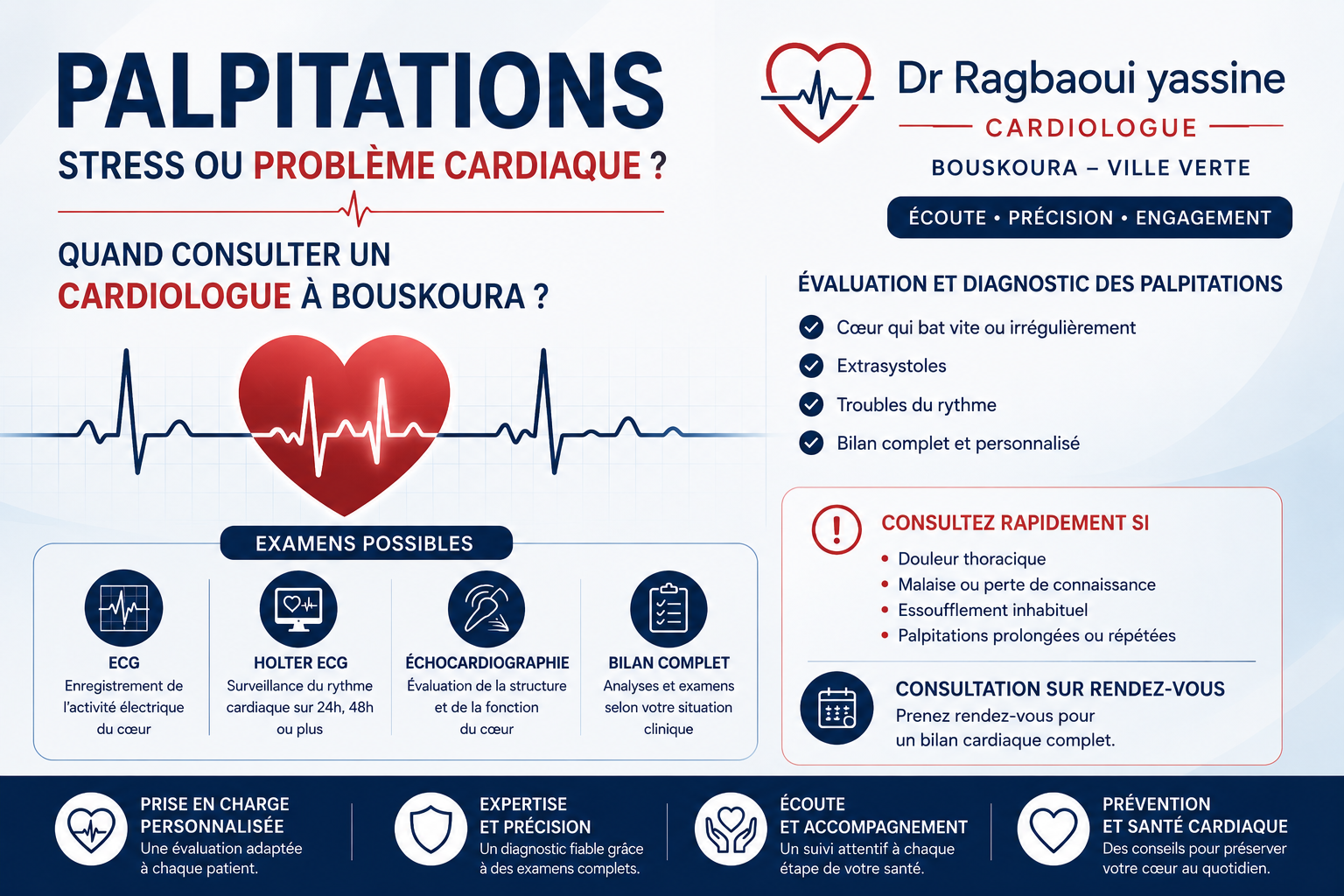 Palpitations ou stress ? Troubles du rythme cardiaque — ECG et Holter chez Dr Ragbaoui Yassine, cardiologue Bouskoura – Ville Verte